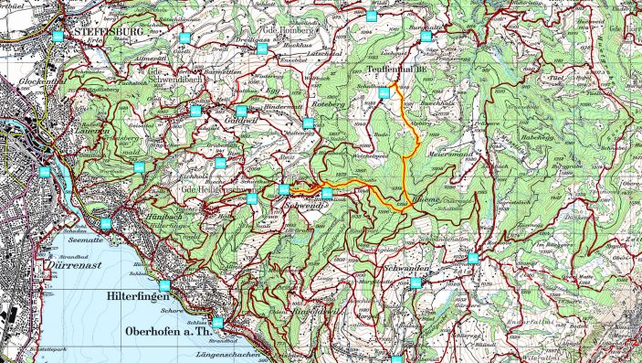 Kartenansicht mit eingezeichneter Wanderroute.