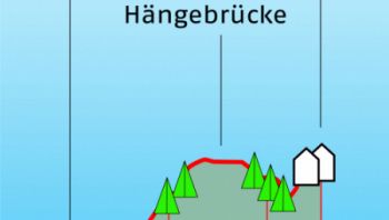 Höhenprofil der Wanderung mit Wanderzeiten, Höhenangaben und eingezeichneten Orte von Interesse (zB Busstation, Restaurant, etc)