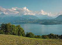 Blick auf die Region Thunersee mit Spiez im Zentrum. Die Alpen ragen in die Wolken. (bei Klick vergrösserte Ansicht Bild)